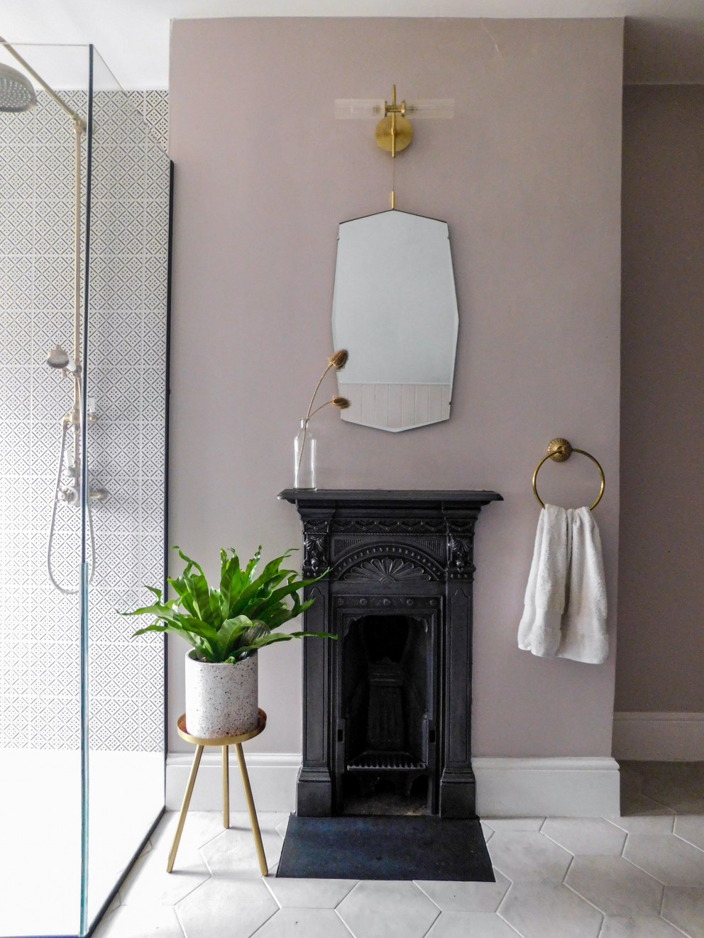 WD18 Bathroom | Original Fireplace and Adjacent Shower | Interior Designers
